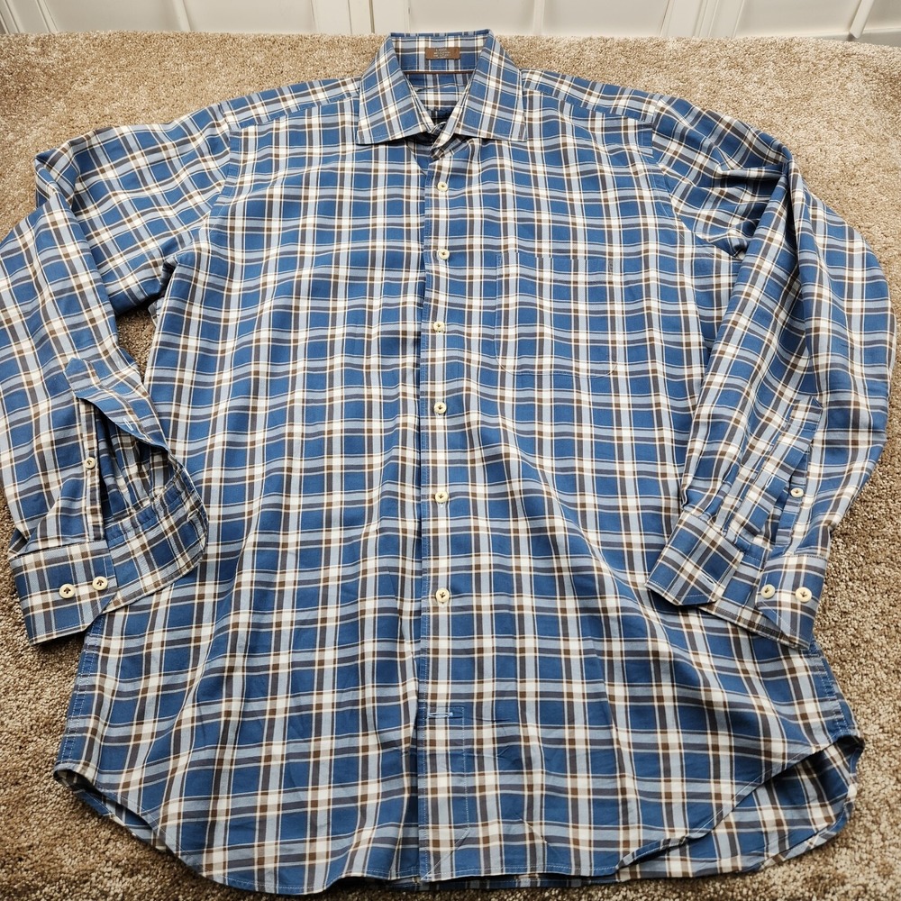 Peter Millar Shirt Adult Large Blue‎ Brown Plaid Button Down Long Sleeve Mens